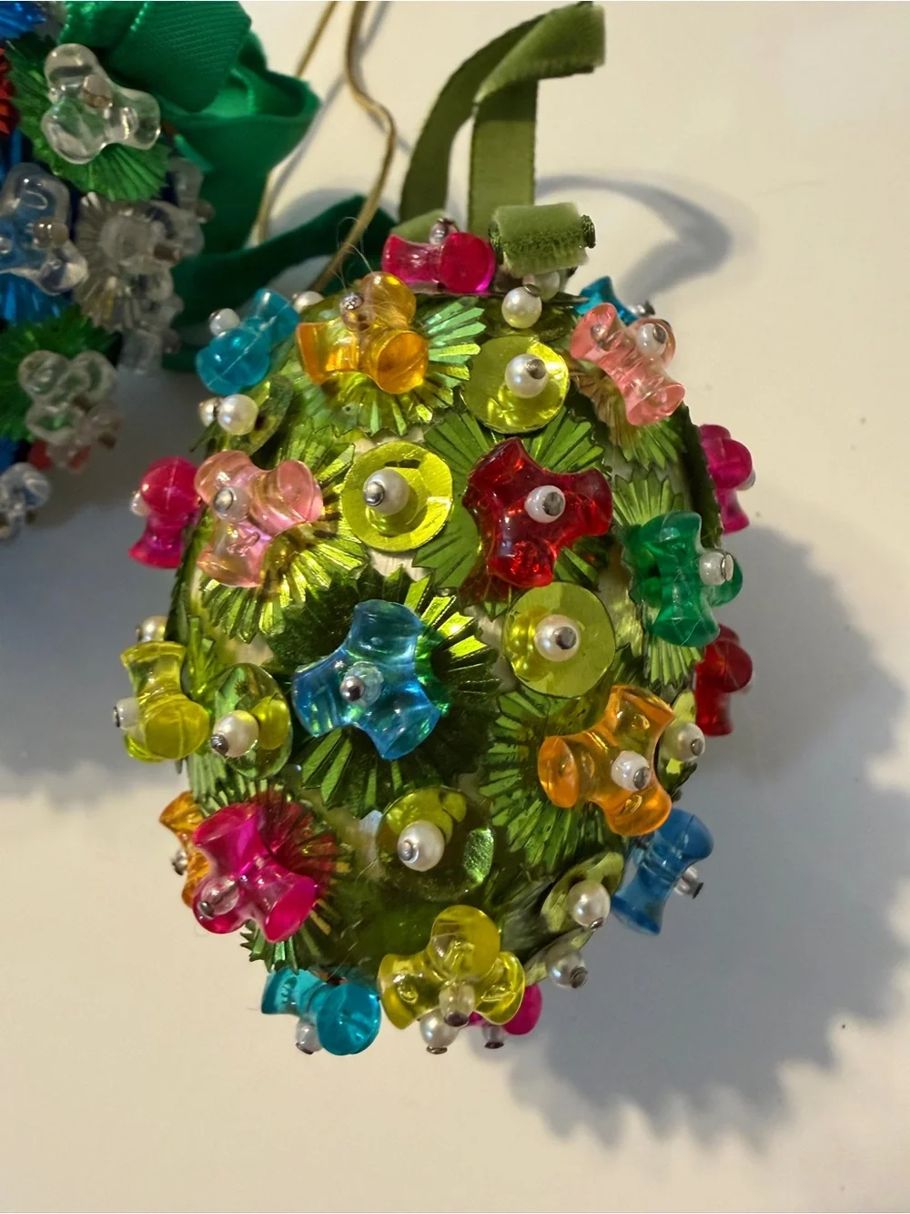 2 Vintage Christmas Beaded Sequin Egg Ornaments Multicolor Floral Retro Hanging